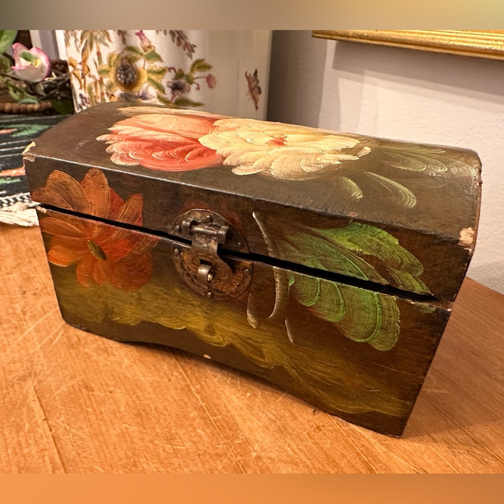 Vintage Hand-Painted Floral Wooden Box Chest